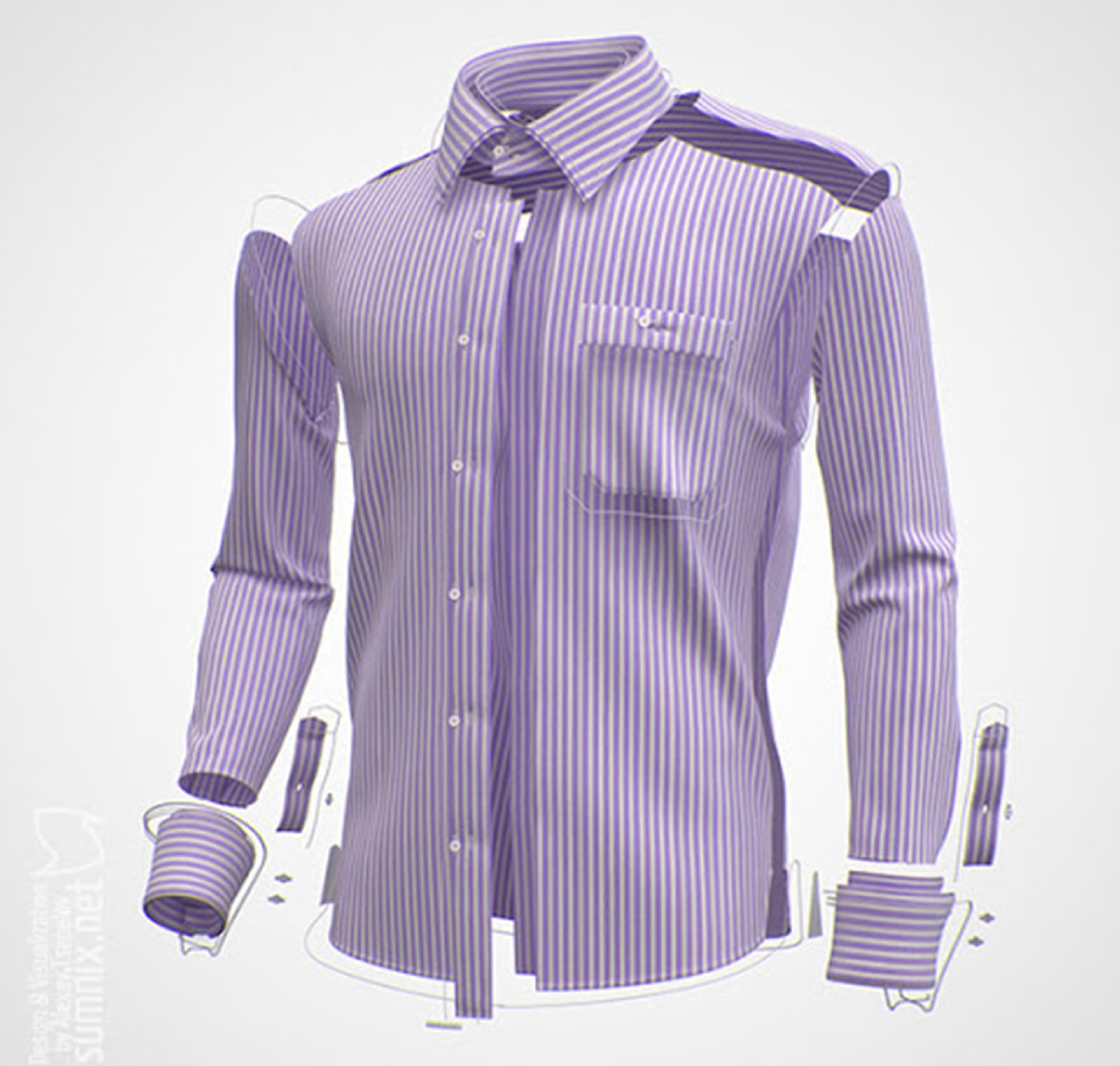 3D visualization of a tailored purple and white striped shirt.